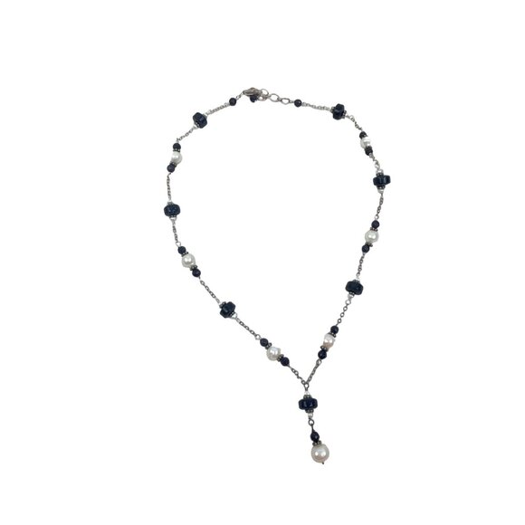 Elegant Pearl and Black Blue Goldstone Beaded Necklace With Silver Chain - Picture 6 of 8